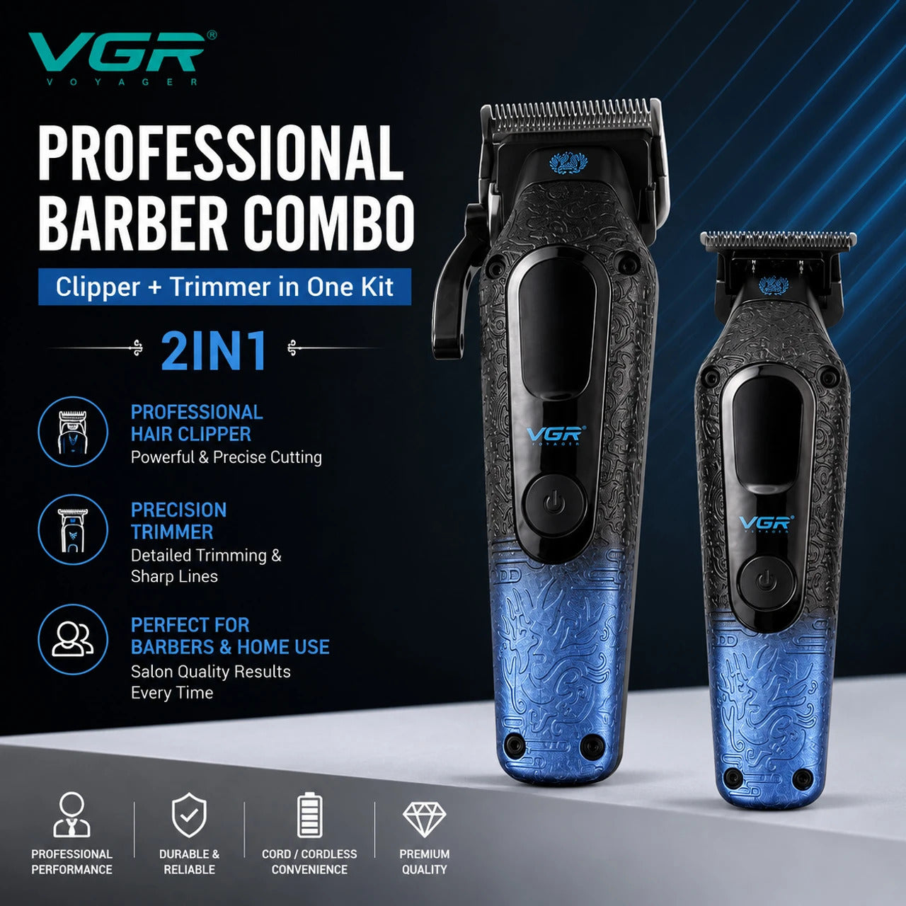 VGR V-879 S2 Professional Barber Combo Hair Clipper & Trimmer Kit, Ceramic Titanium Blades, 7500 RPM Motor, LED Display, USB Rechargeable
