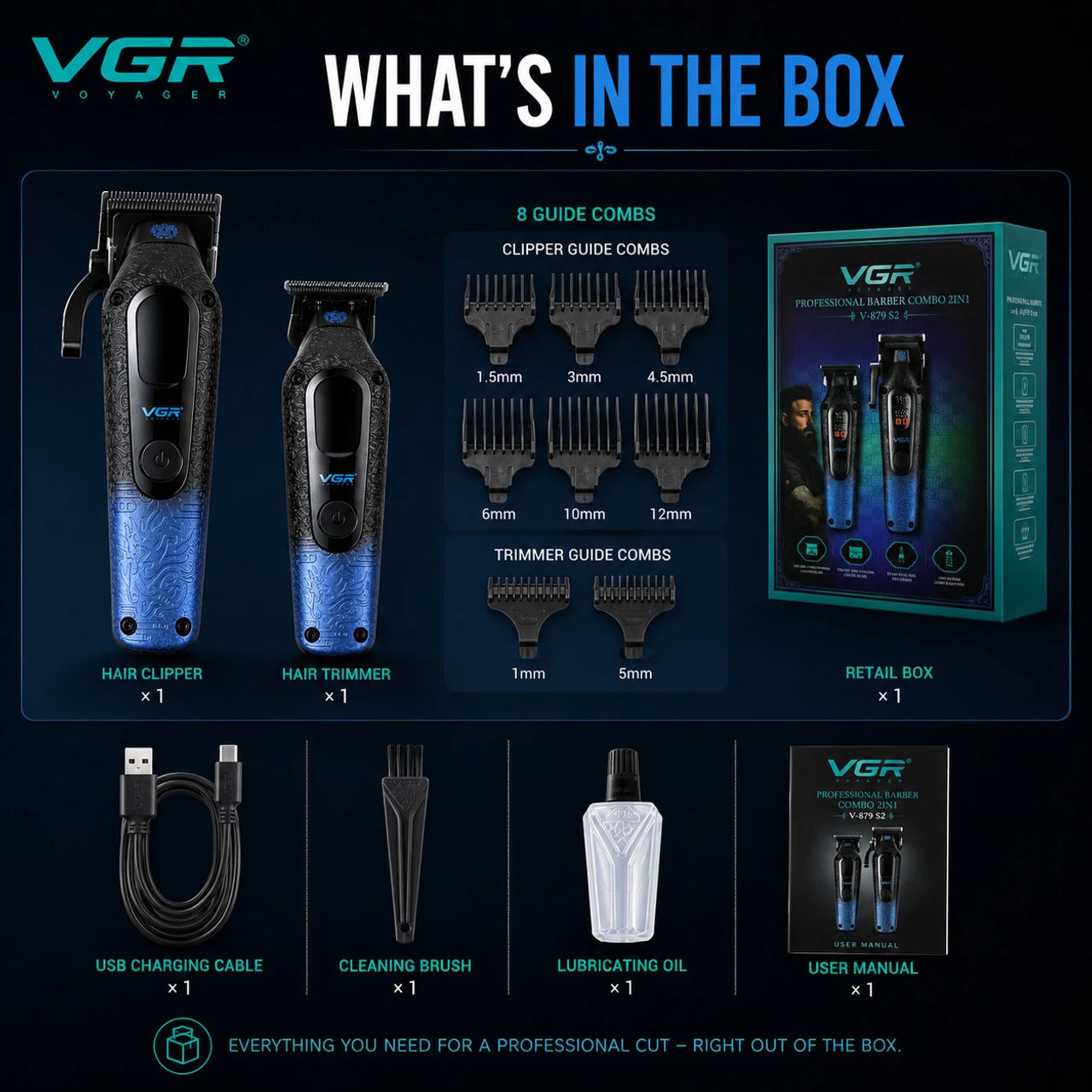 VGR V-879 S2 Professional Barber Combo Hair Clipper & Trimmer Kit, Ceramic Titanium Blades, 7500 RPM Motor, LED Display, USB Rechargeable
