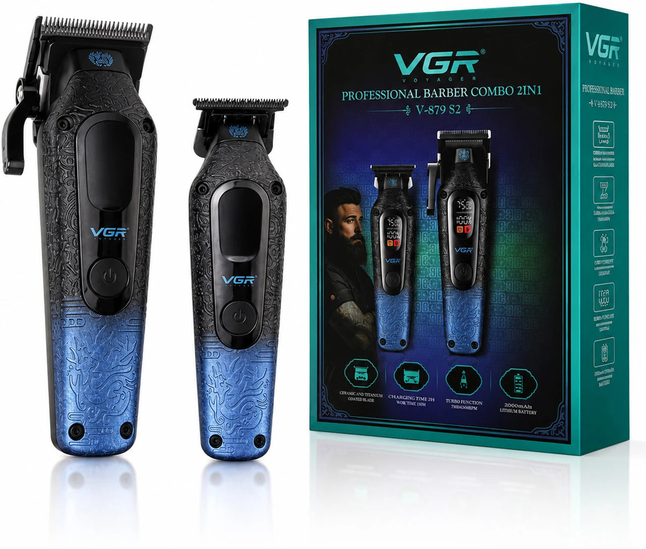 VGR V-879 S2 Professional Barber Combo Hair Clipper & Trimmer Kit, Ceramic Titanium Blades, 7500 RPM Motor, LED Display, USB Rechargeable
