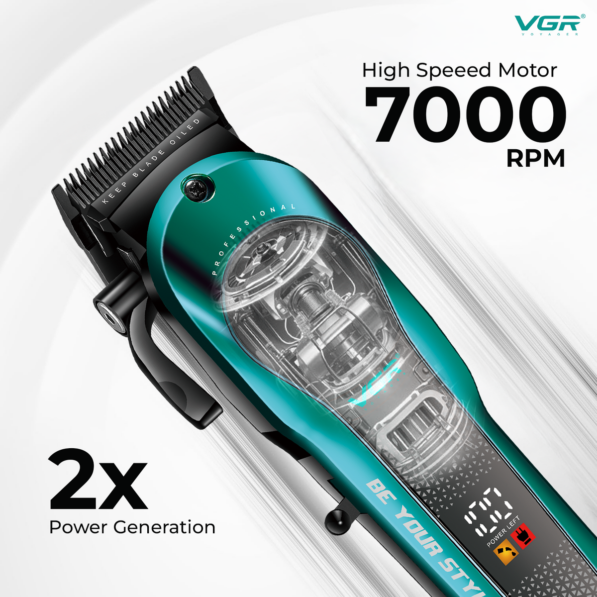 Hair trimmer with high-speed motor and power generation features on a white background