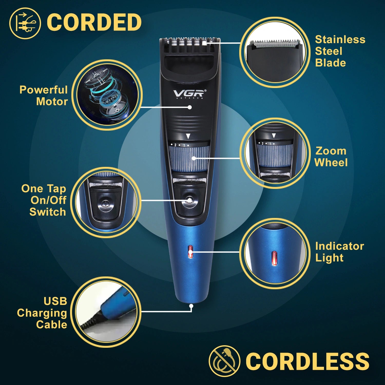 VGR V-052 Blue Hair Trimmer for Men – Professional Trimmer with Long Battery Life and Sharp Blades