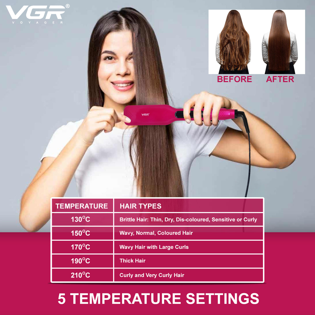 VGR V-506 Hair Straightener 130°C to 210°C Heat Producer For Women, Pink