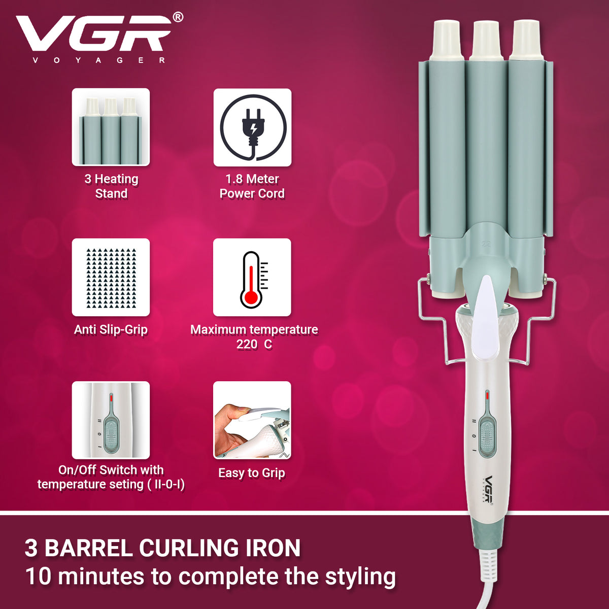 VGR V-595 3 Barrel Hair Curler For Women, Green