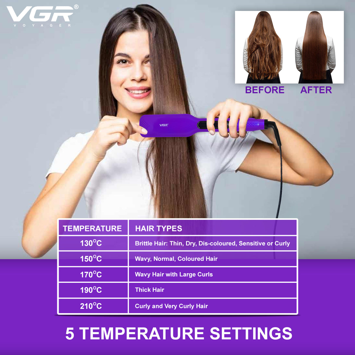 VGR V-506 Hair Straightener 130°C to 210°C Heat Producer For Women, Purple