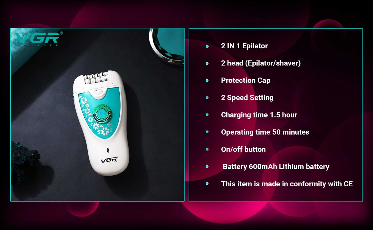VGR V-722 Epilator For Women, 50 Min Runtime, 600mAh Battery, Pink
