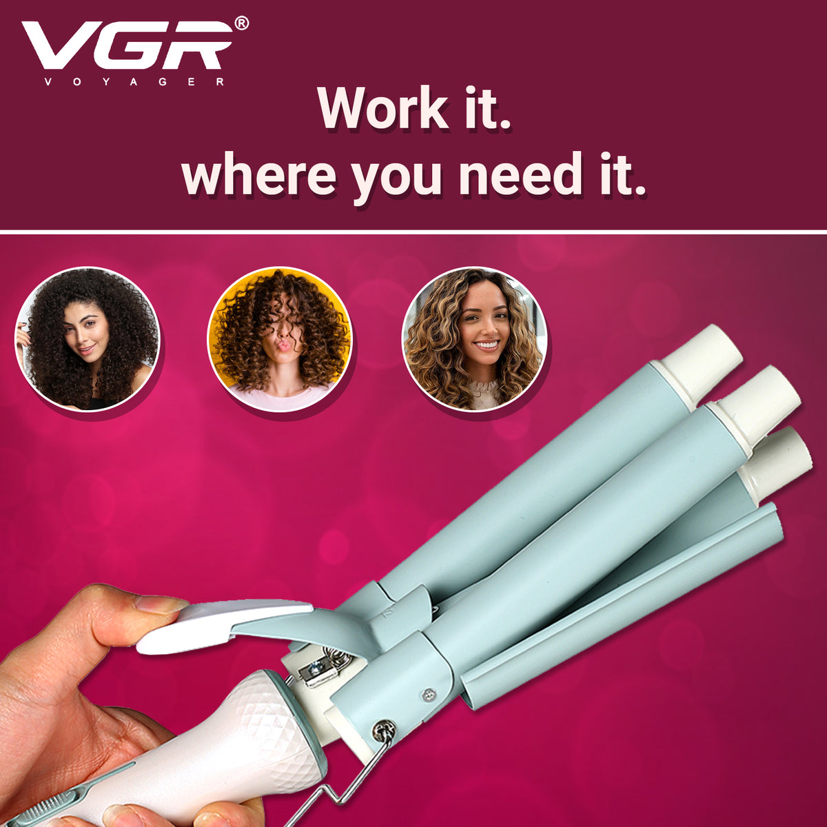 VGR V-595 3 Barrel Hair Curler For Women, Green