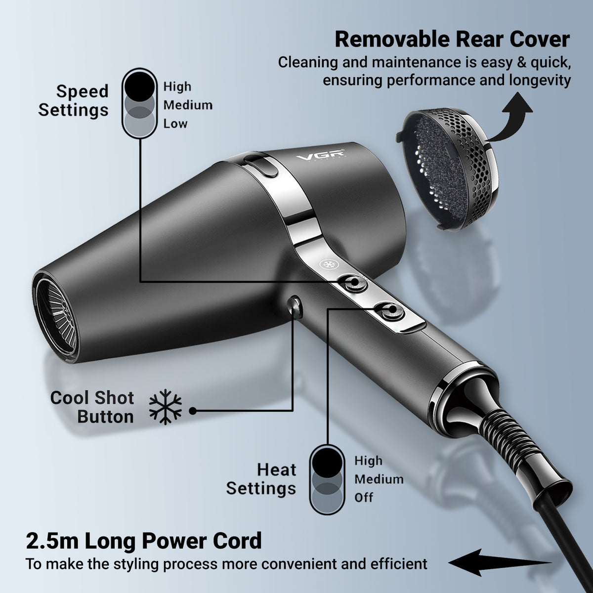 VGR V-451 Hair Dryer For Unisex, Black