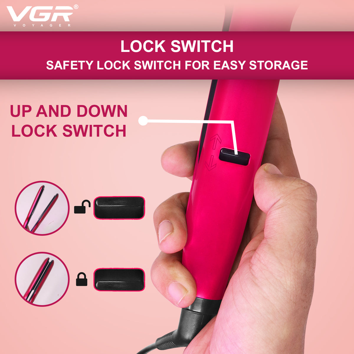 VGR V-506 Hair Straightener 130°C to 210°C Heat Producer For Women, Pink