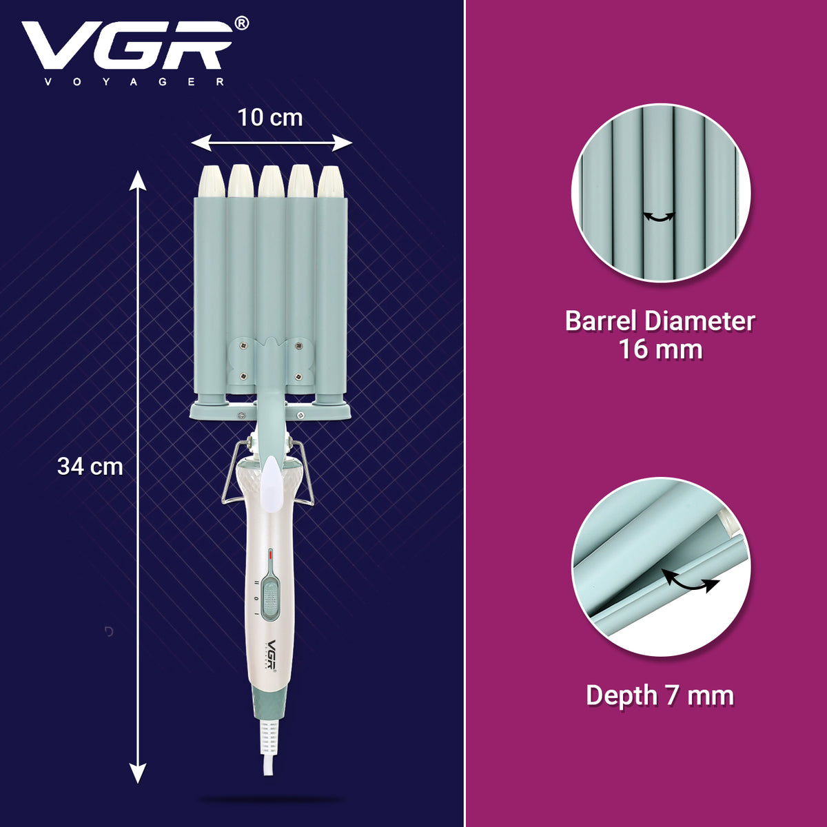 VGR V-597 5 Barrel Hair Curler For Women, Green