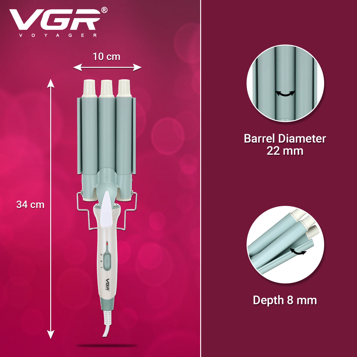 VGR V-595 3 Barrel Hair Curler For Women, Green