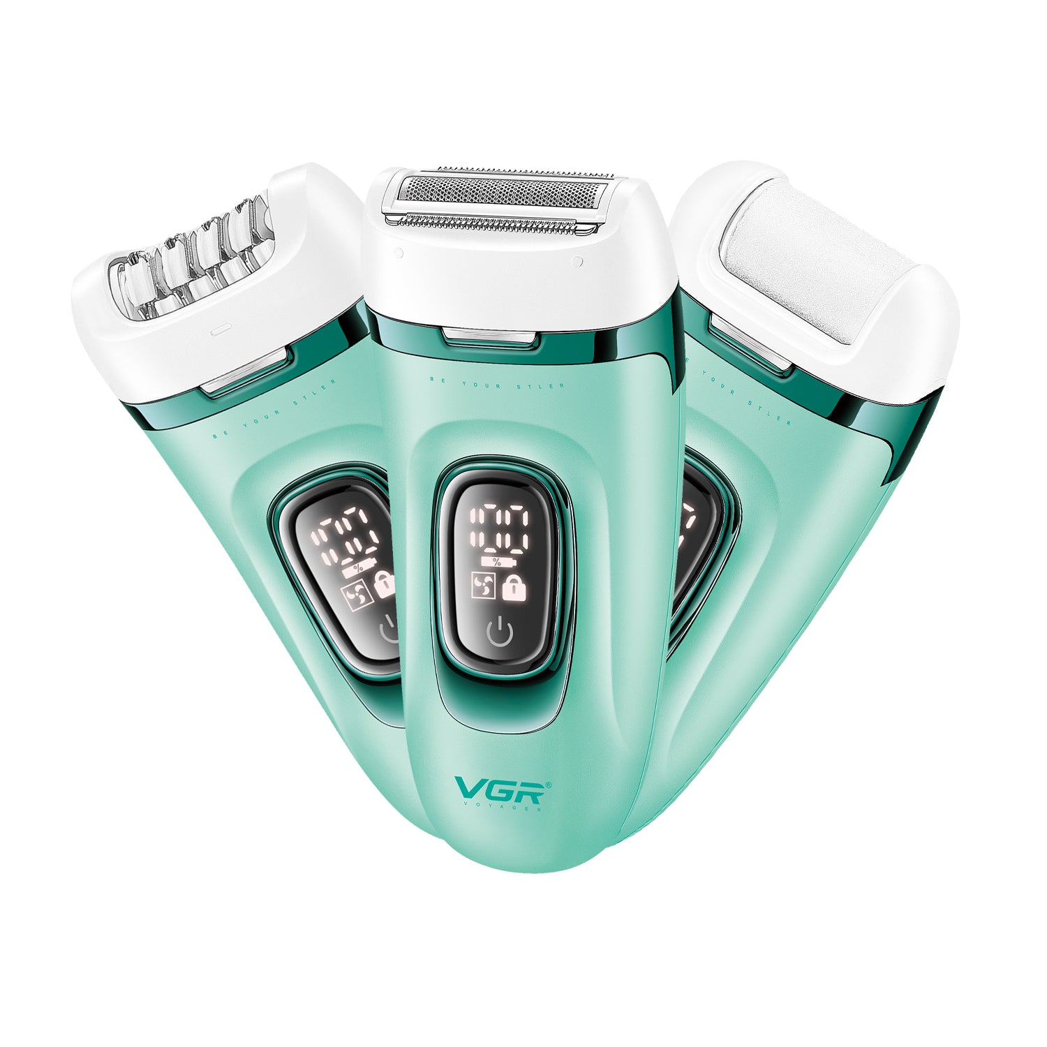 Turquoise electric shaver with three heads on a white background