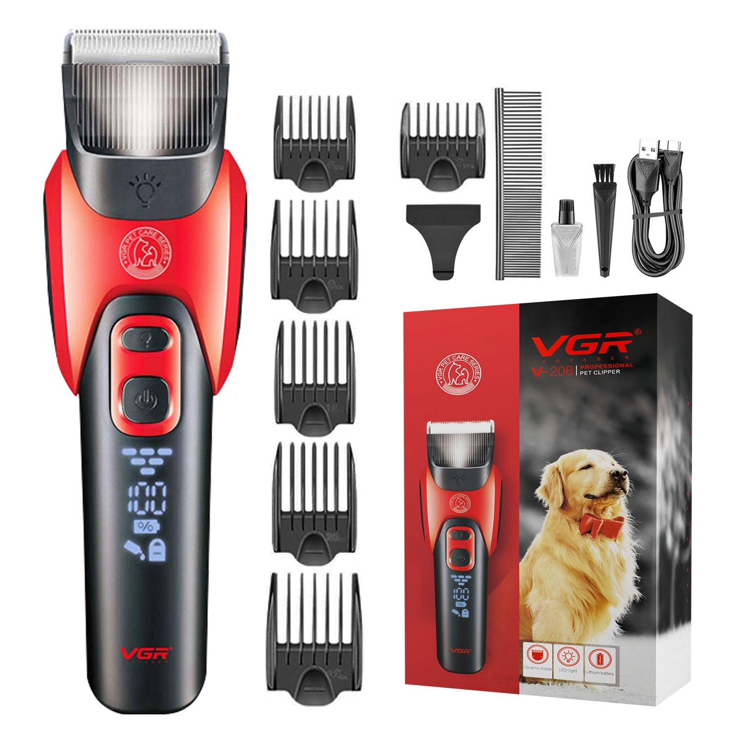 VGR V-208 Professional Pet Clipper for Dogs, Cats & All Animals, 2000mAh Battery, LED Display, Ceramic Blades, Powerful Motor, 6 Guide Combs, 180mins Runtime, Travel Lock