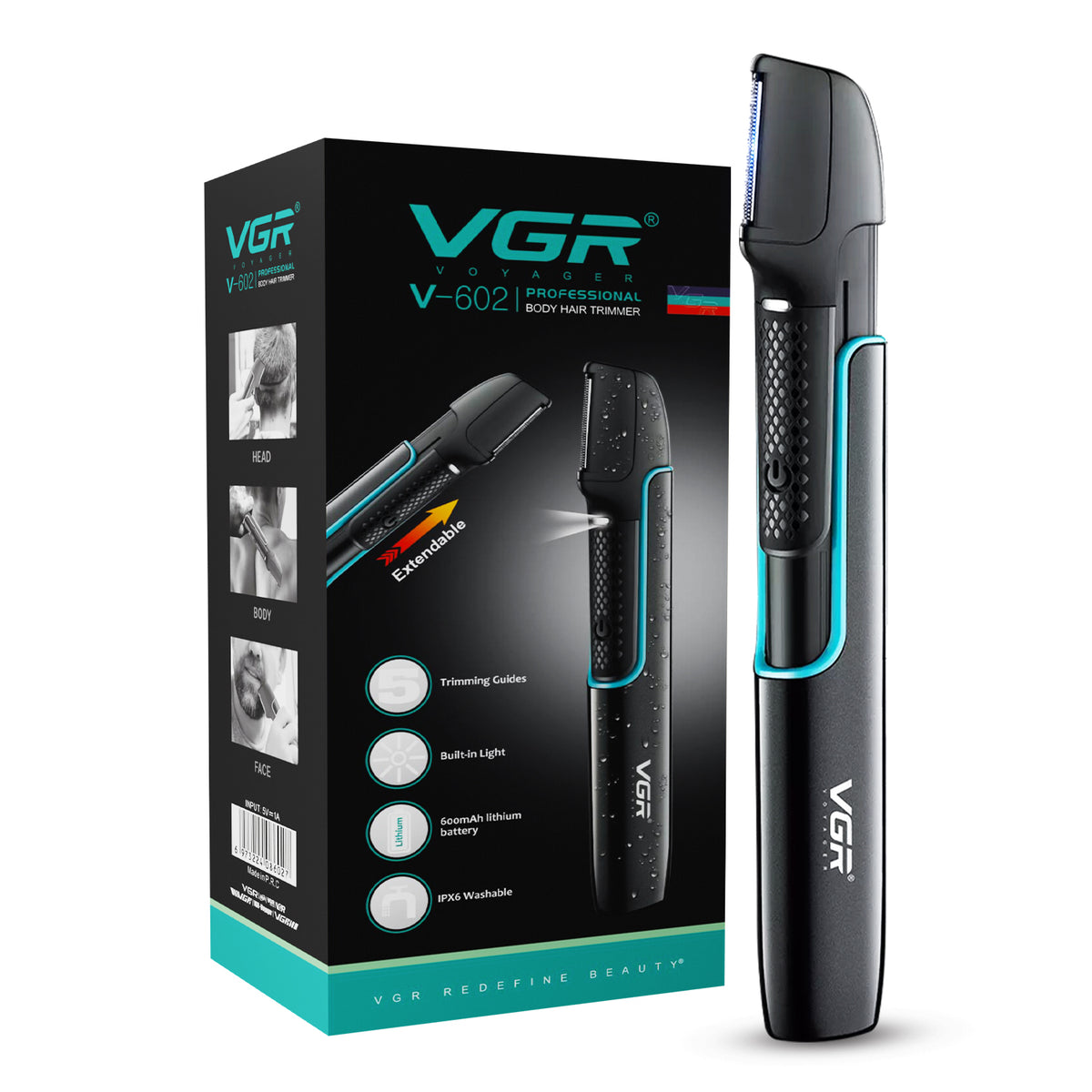 VGR V-602 Body Hair Trimmer for Men, IPX6 Waterproof, 120 Min Runtime, Black