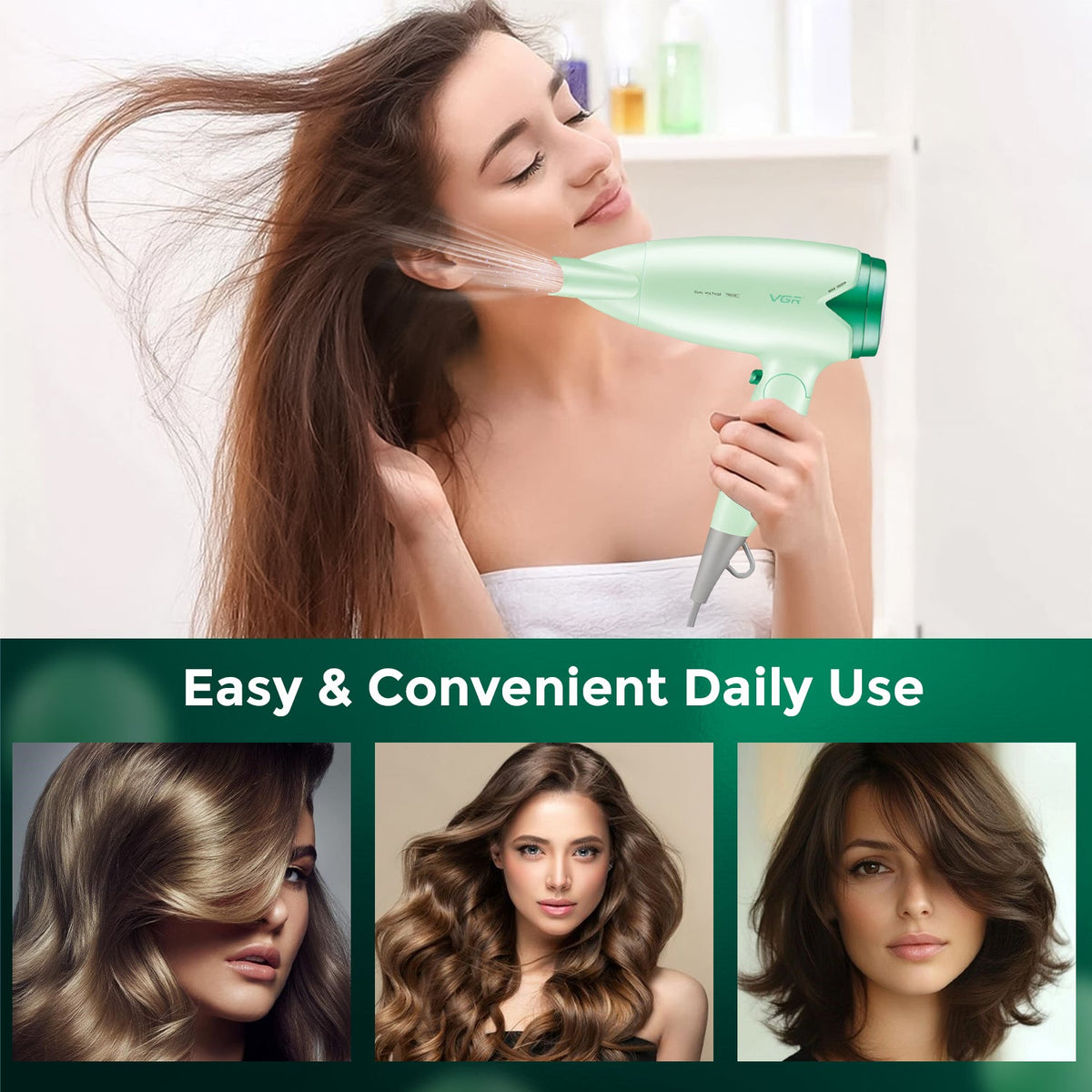 VGR V-428 Foldable Hair Dryer For Women, 2 Speed Settings, Cool Shot, Green