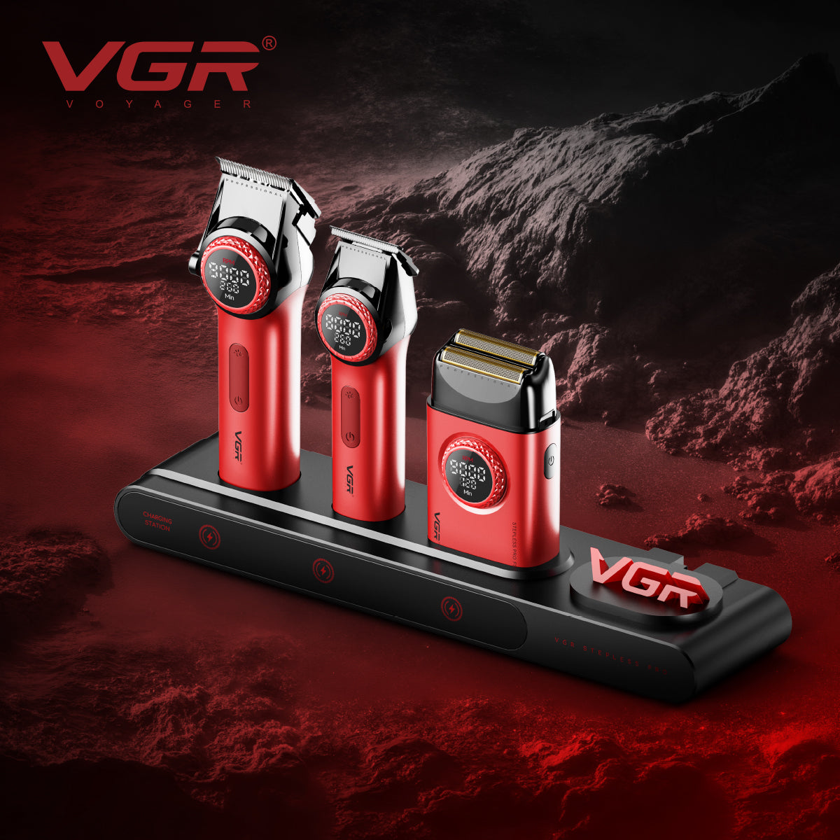 VGR Stepless Pro 3-in-1 Professional Grooming Kit for Salon & Men with Charging Station, Stepless Speed Control, Ceramic DLC Blades, Double Titanium Foils, LED Display, Red