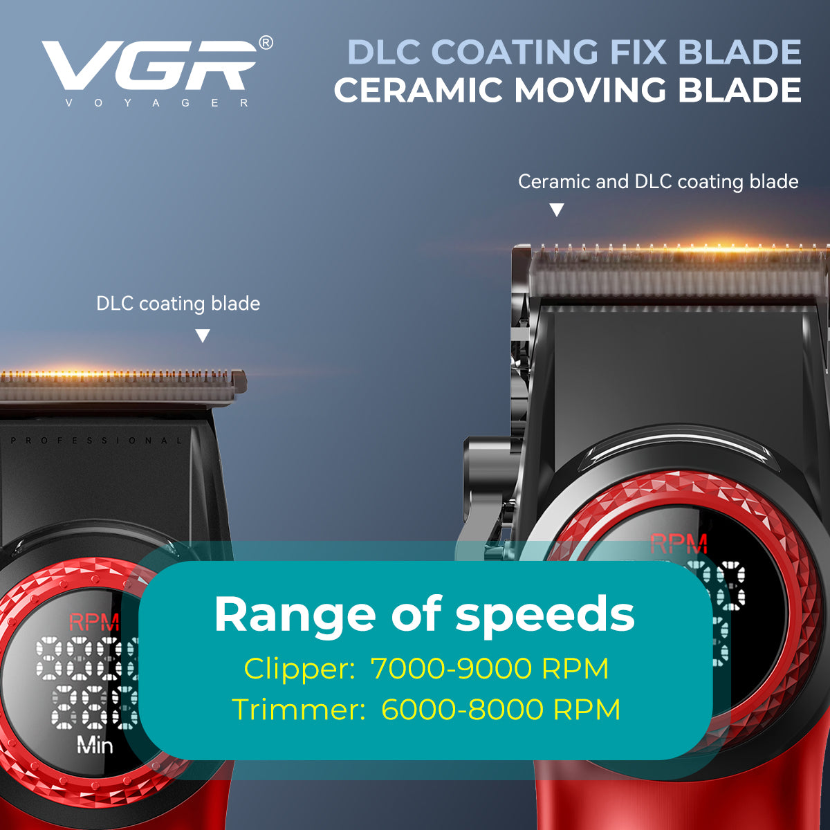 VGR Stepless Pro 3-in-1 Professional Grooming Kit for Salon & Men with Charging Station, Stepless Speed Control, Ceramic DLC Blades, Double Titanium Foils, LED Display, Red