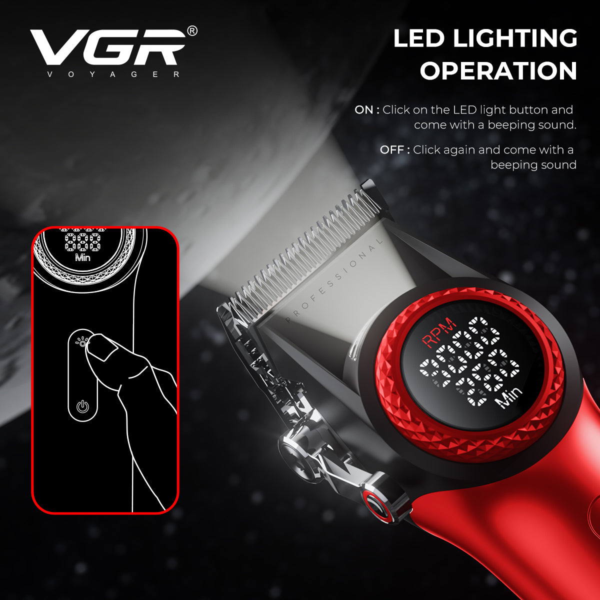 VGR Stepless Pro 3-in-1 Professional Grooming Kit for Salon & Men with Charging Station, Stepless Speed Control, Ceramic DLC Blades, Double Titanium Foils, LED Display, Red