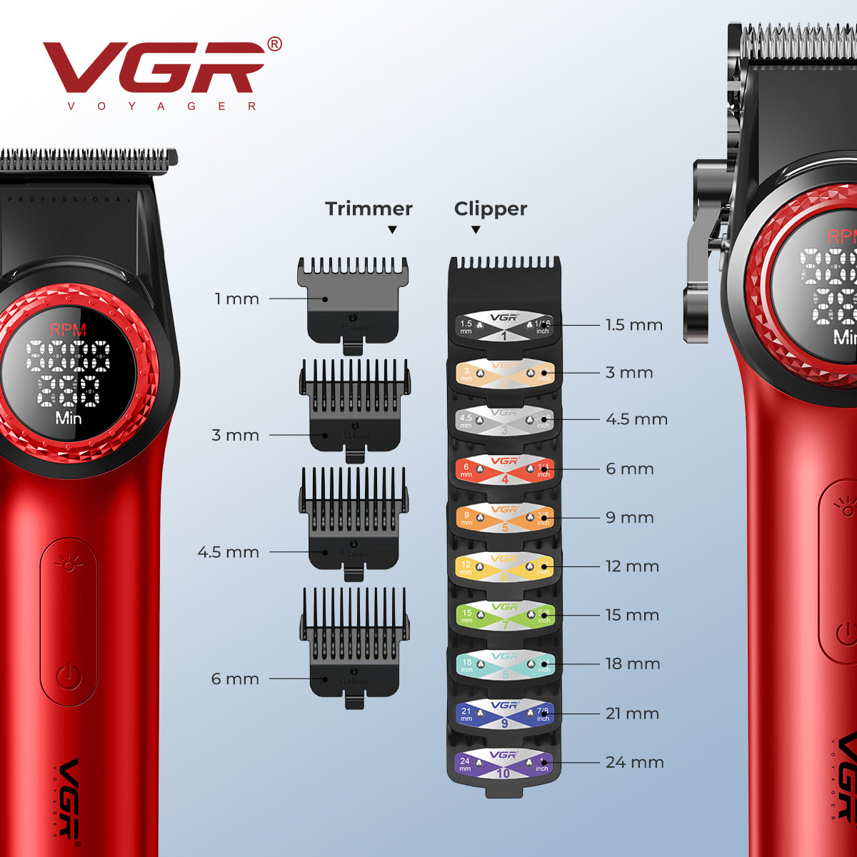 VGR Stepless Pro 3-in-1 Professional Grooming Kit for Salon & Men with Charging Station, Stepless Speed Control, Ceramic DLC Blades, Double Titanium Foils, LED Display, Red