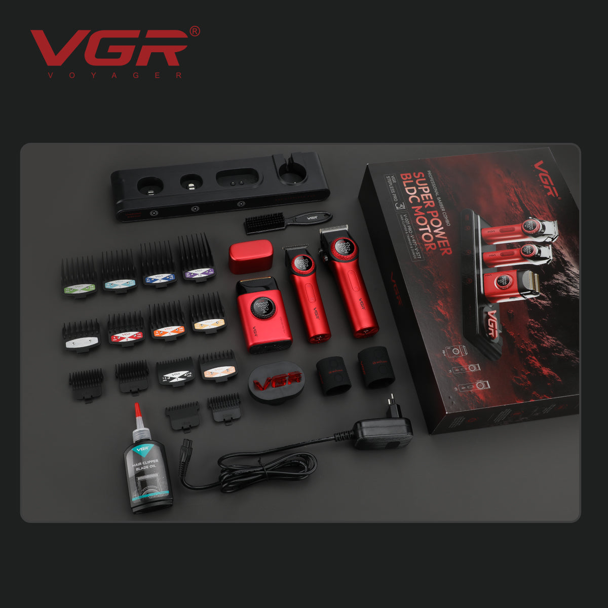 VGR Stepless Pro 3-in-1 Professional Grooming Kit for Salon & Men with Charging Station, Stepless Speed Control, Ceramic DLC Blades, Double Titanium Foils, LED Display, Red