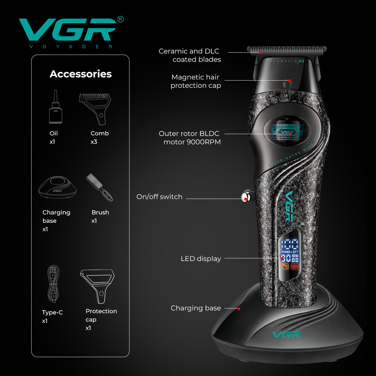 VGR V-857T Professional Hair Trimmer for Salon & Men, Black