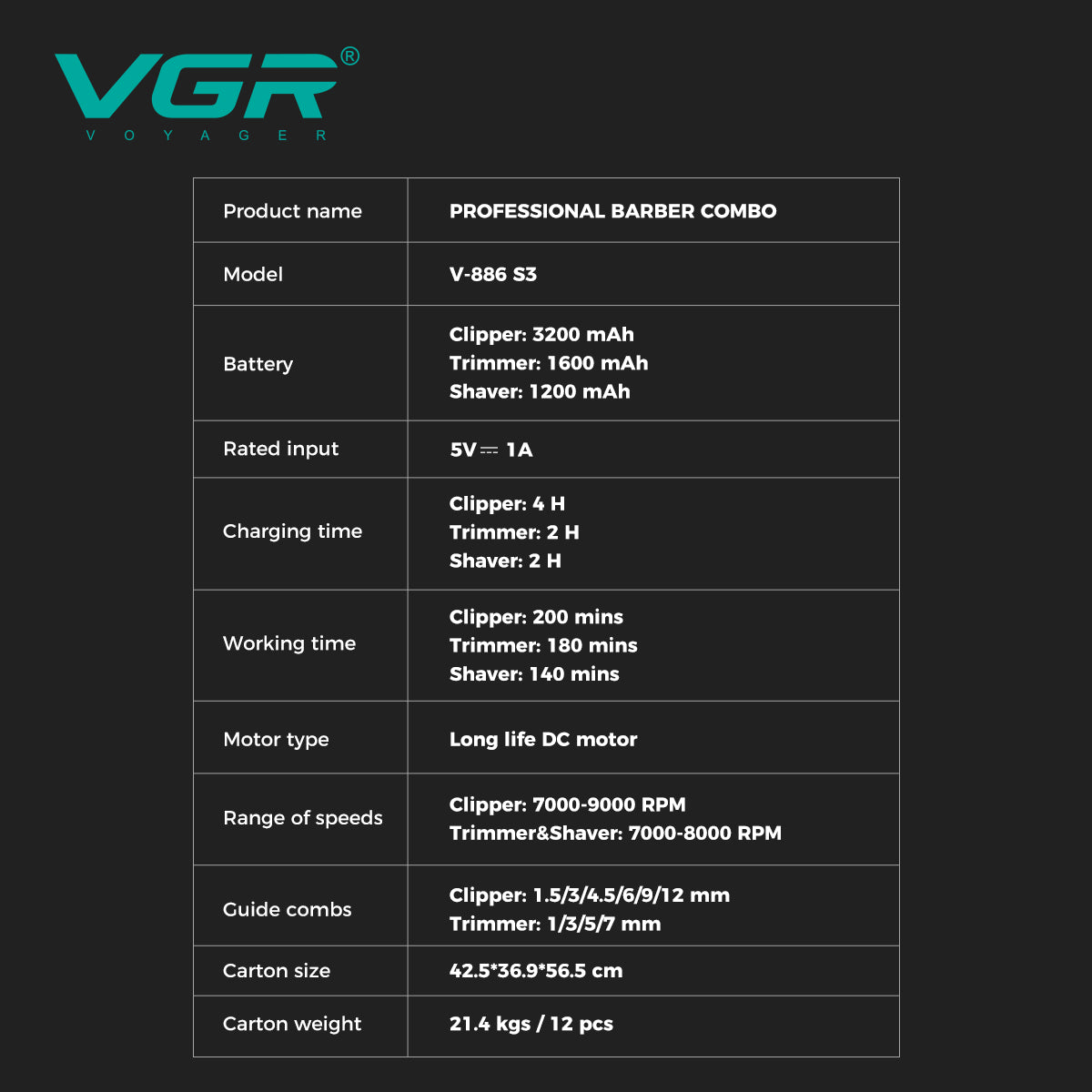 VGR V-886 S3 Professional Barber Combo Kit for Salon & Men