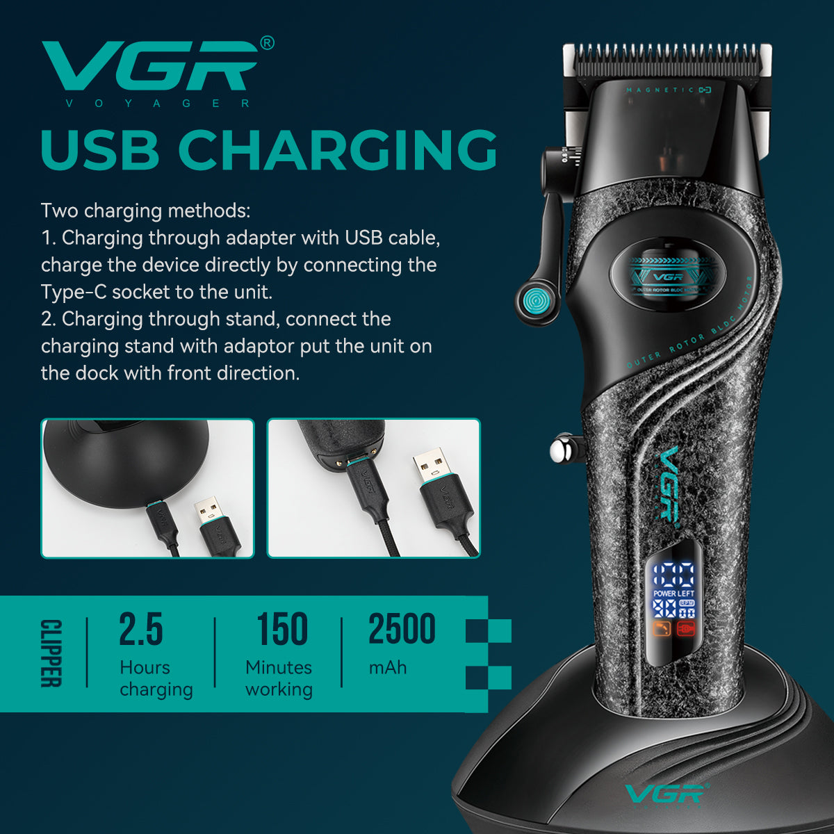 VGR V-857C Professional Hair Clipper for Salon & Men, Black