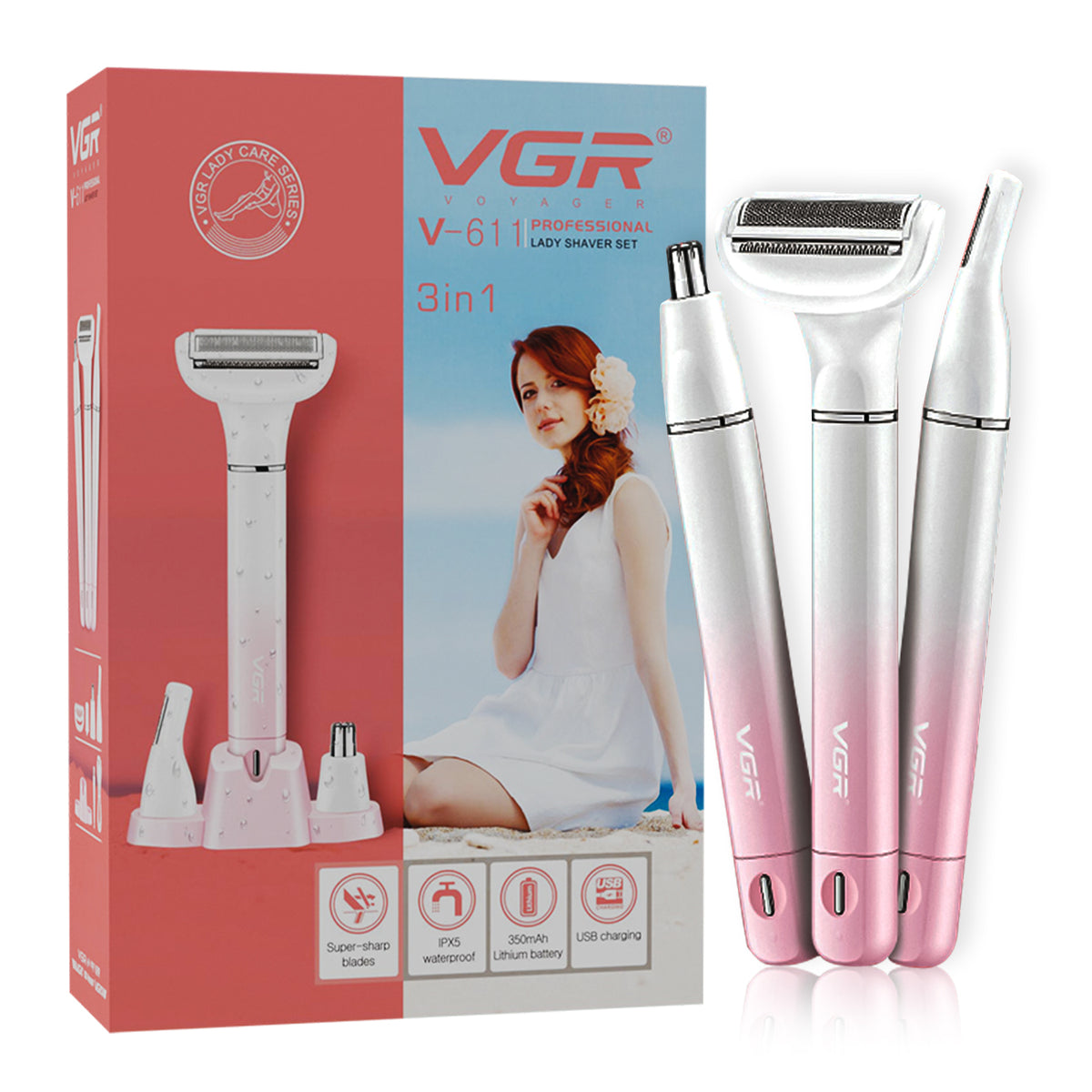 VGR V-611 Professional 3-IN-1 Lady Shaver Set, Shaver For Women (Pink)