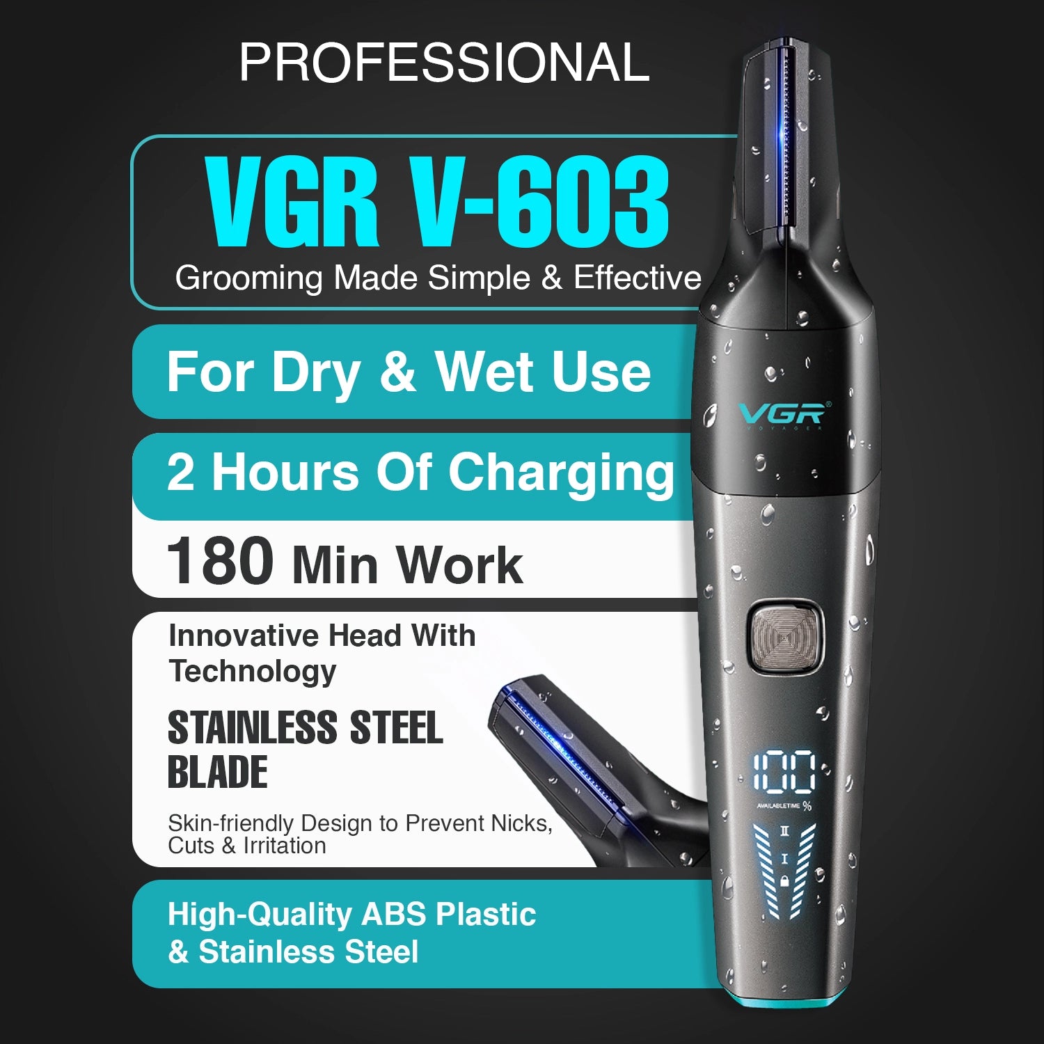VGR V-603 Professional Nose & Body Trimmer for Men, Black