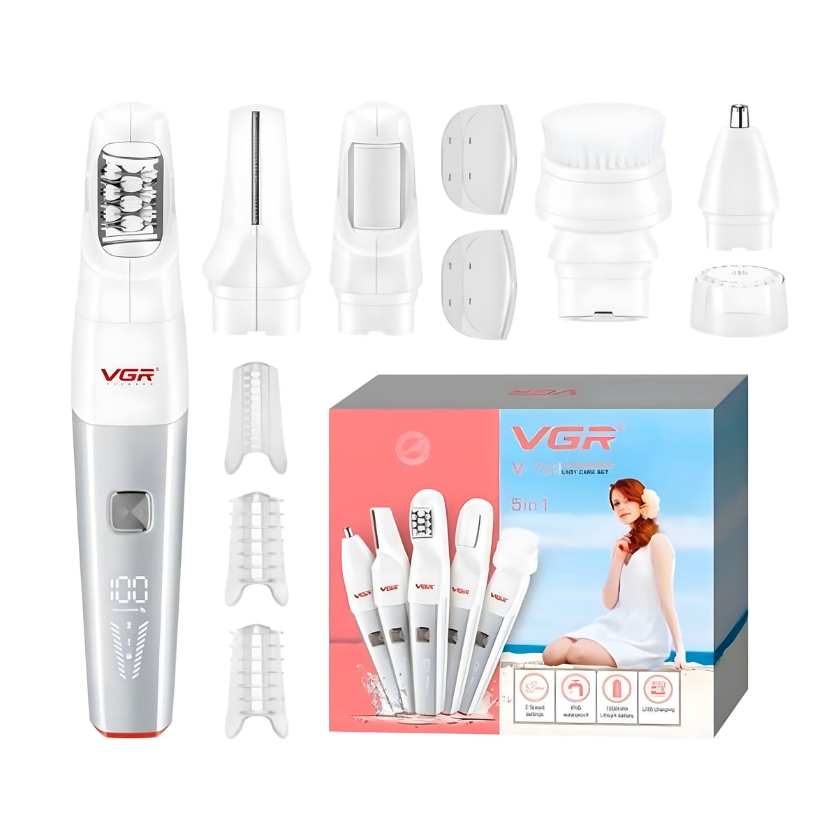 VGR V-752 Professional 5 IN 1 Lady Trimmer Set With Waterproof Body Trimmer, White & Pink