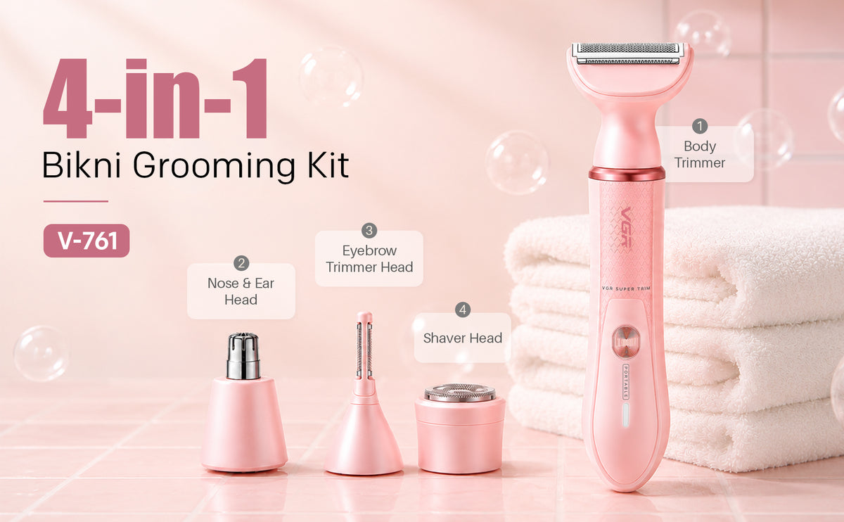 VGR V-761 Professional 4-in-1 Lady Shaver Set For Women, IPX5 Waterproof, 90 Min Runtime, Blue & Pink