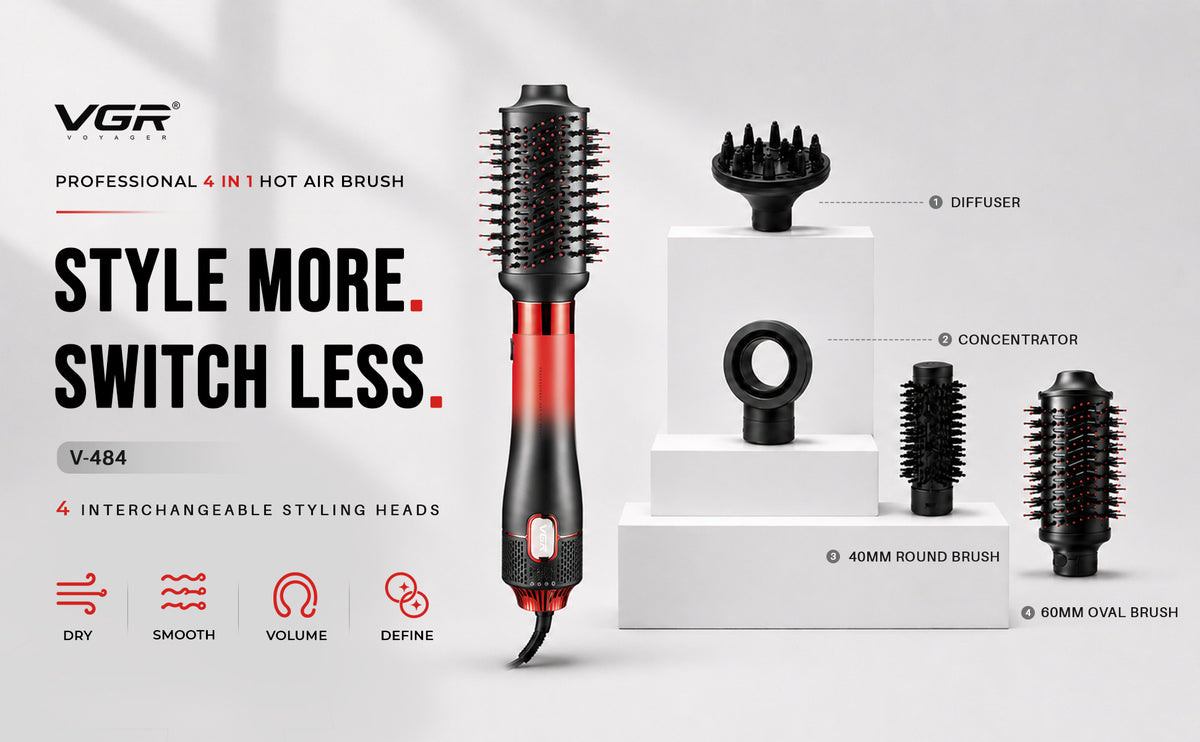 VGR Professional 4-in-1 Hot Air Brush with 20000 RPM and 1000-1100W, Red & Black (V-484)