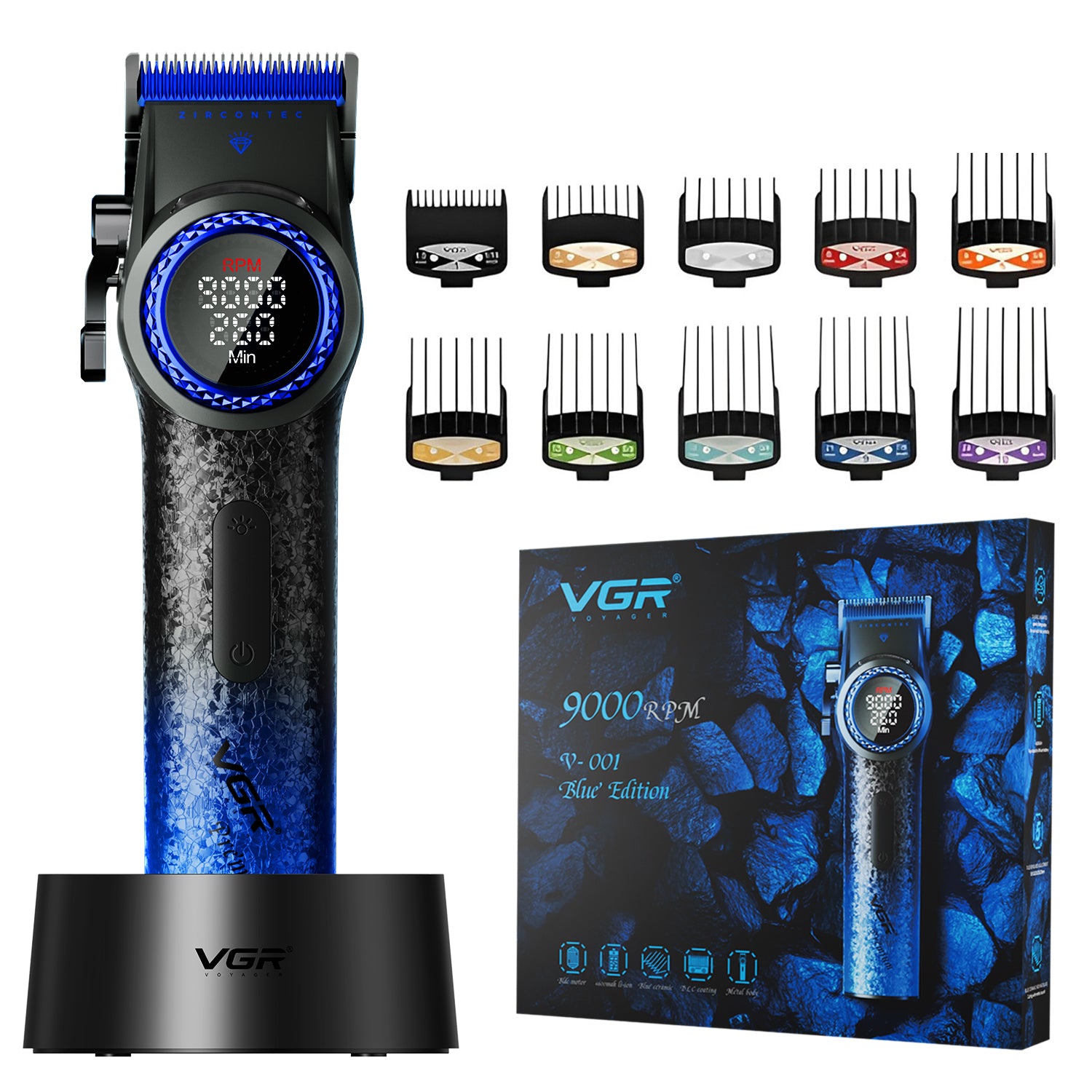 VGR V-001 Professional Hair Clipper for Men, Ceramic and DLC Coated Blade, 21-Speed 7000-9000 RPM, LED Display, 260 Min Runtime, Type-C Charging, Charging Stand, Blue