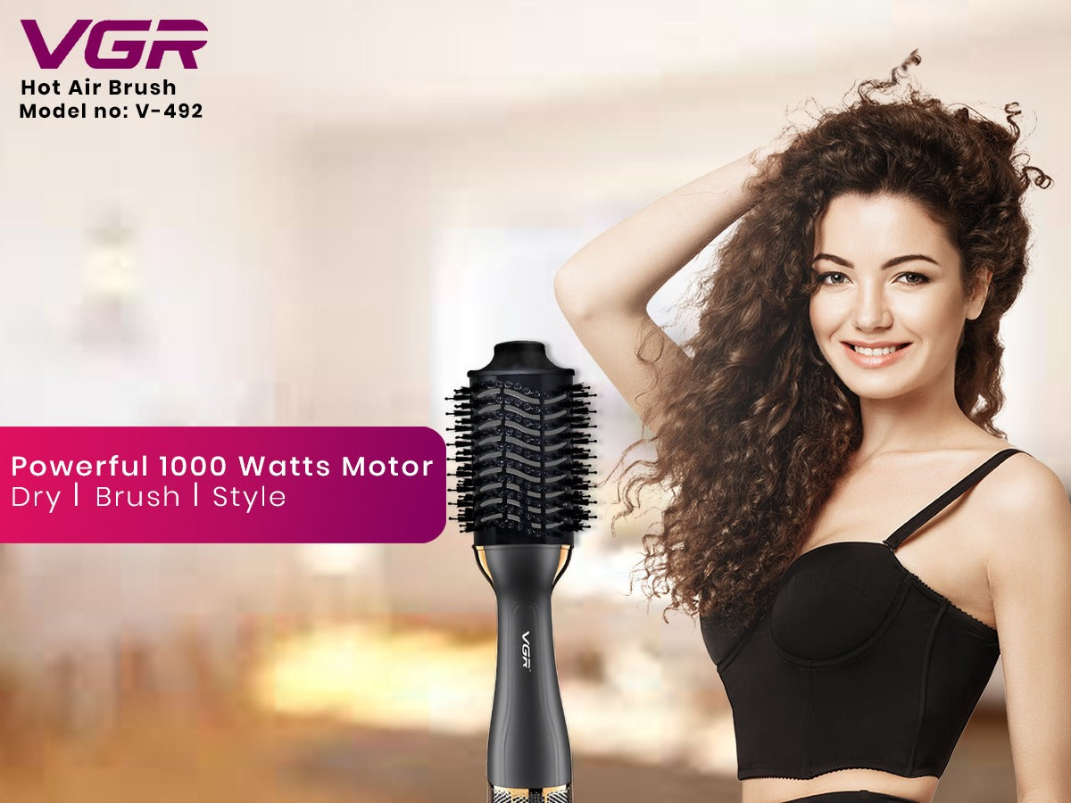 VGR V-492 Professional Hot Air Brush For Women, 1000W, 3 Heat Settings, Rotating, Black