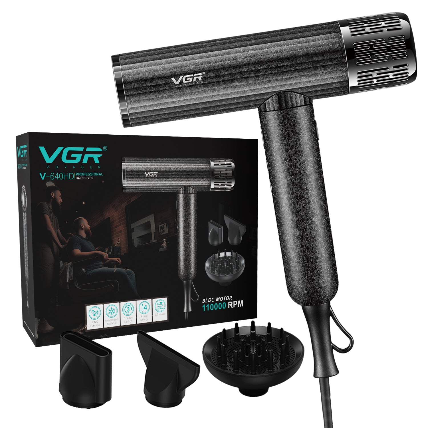 VGR V-640HD Professional Hair Dryer | Barber Series | 1600–1900W High-Speed BLDC Motor