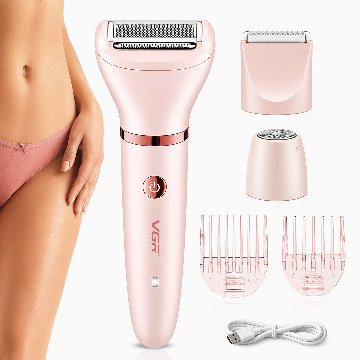 VGR V-735 Professional 3-in-1 Lady Shaver Set | Waterproof Cordless Trimmer for Women (Pink)