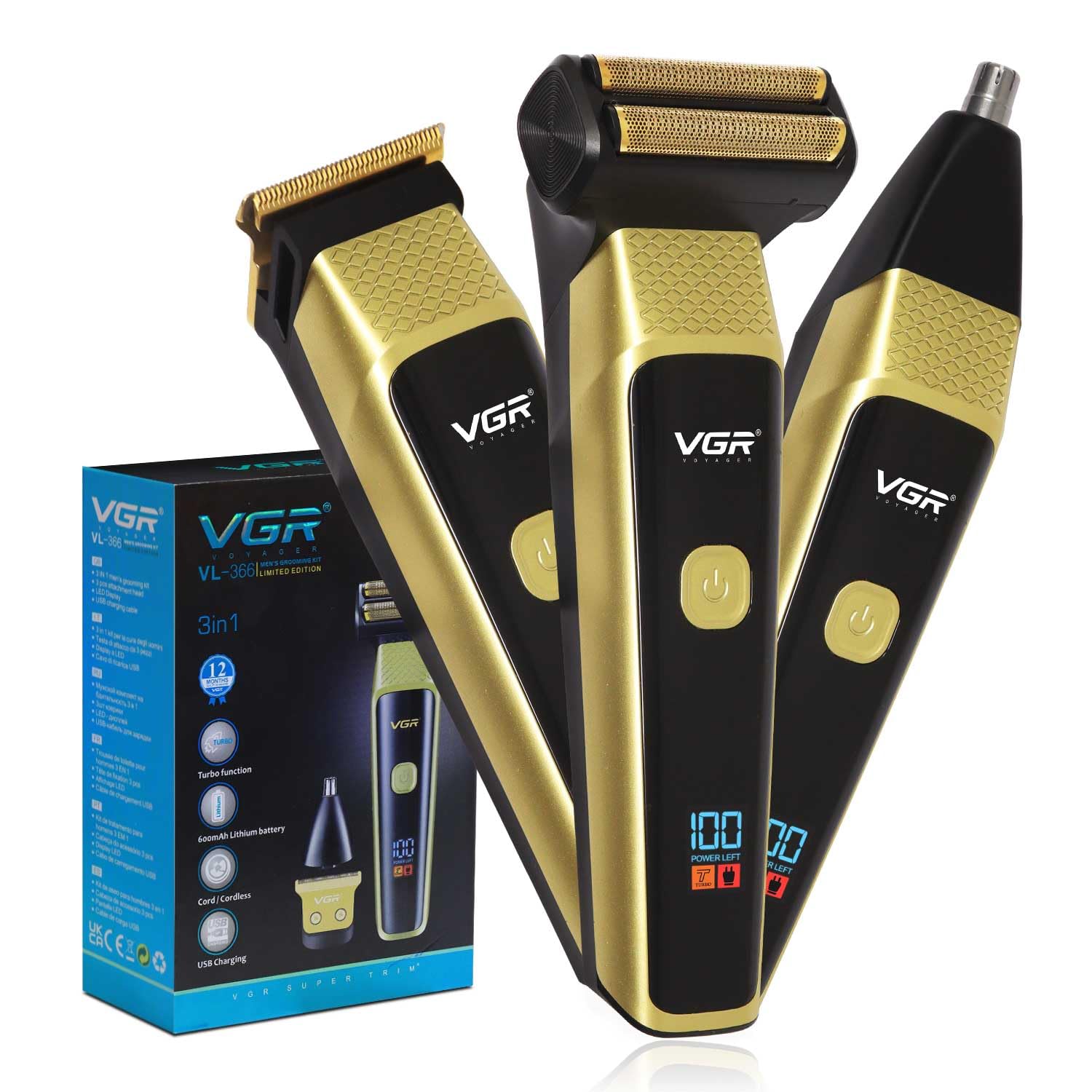 VGR VL-366 Limited Edition Professional 3 in 1 Grooming Kit, (Gold)