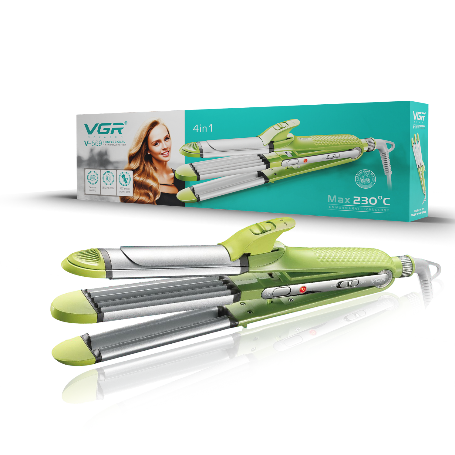 VGR V-569 Professional 4 In 1 Hair Beauty Styler - Straightener, Curler, Crimper, Waver (Green)