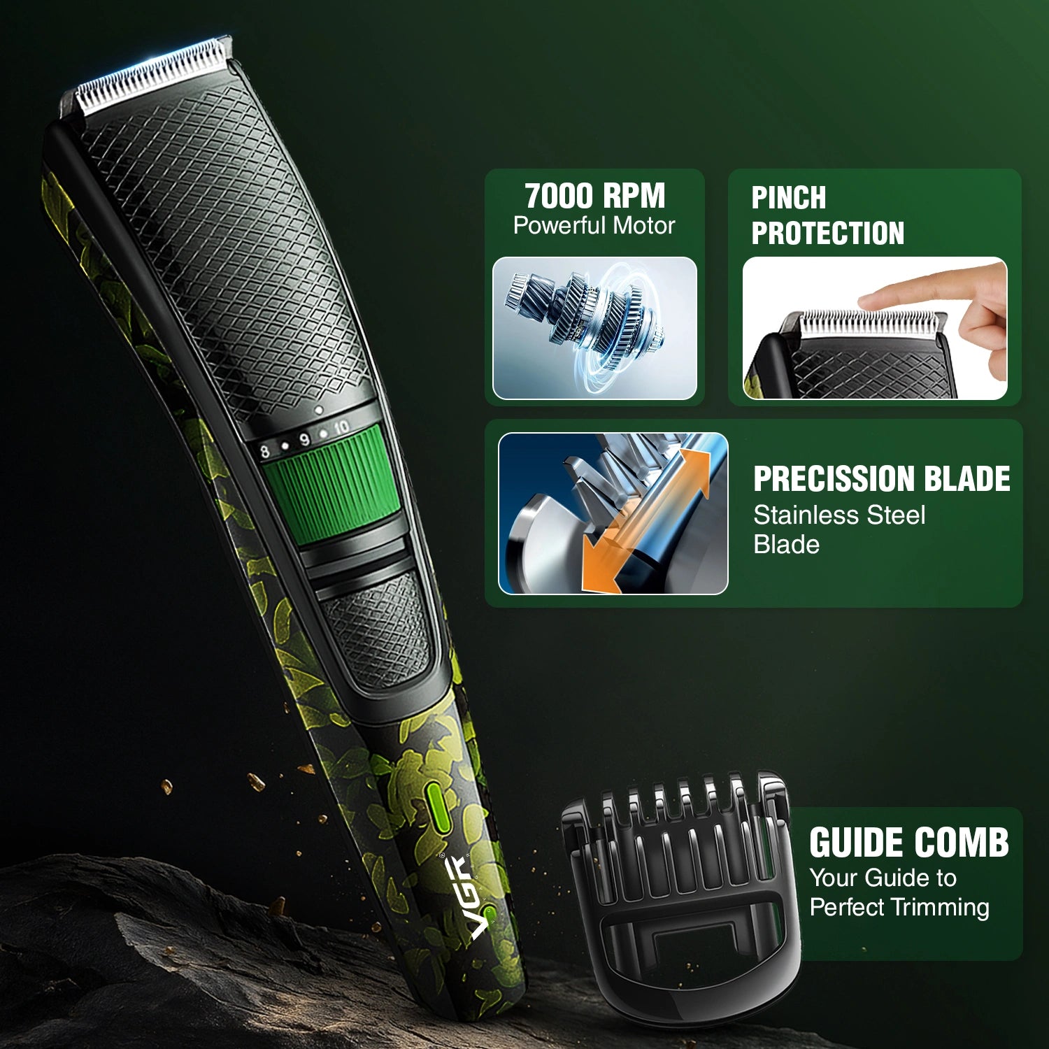 VGR V-053 Hair Trimmer For Men, Army Green