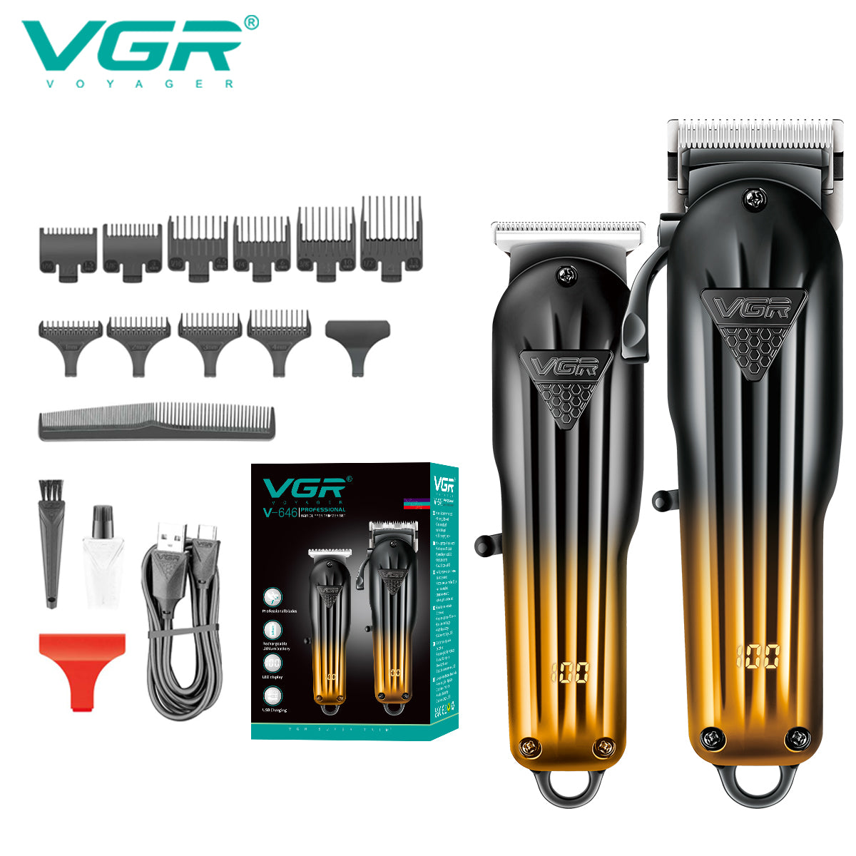 VGR V-646 Professional Hair Clipper Trimmer Set for Men, Stainless Steel Blades, Hair Clipper & Trimmer Combo, 10 Guide Combs, LED Display, USB Charging, Black/Gold