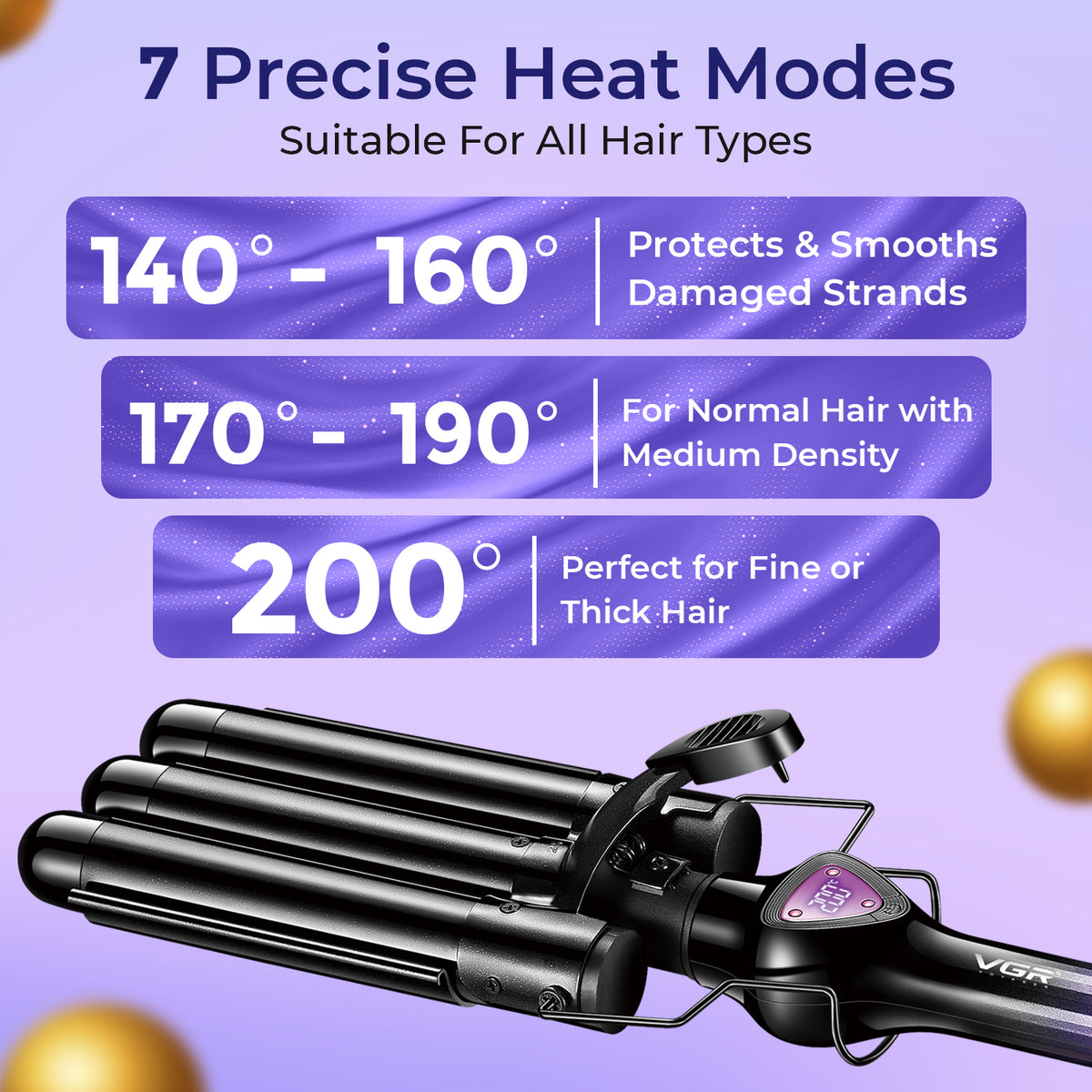 VGR V-590 Professional 3-Barrel Curling Iron with 3-Barrel Ceramic Plates, Purple & Black