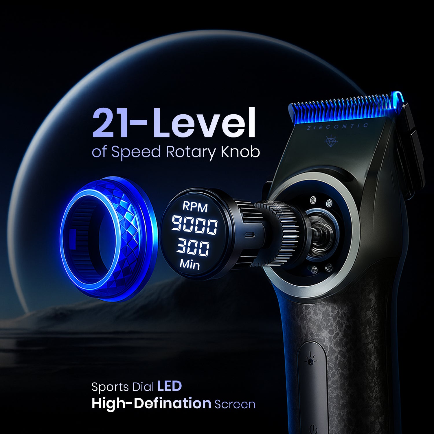 VGR V-001 Professional Hair Clipper for Men, Ceramic and DLC Coated Blade, 21-Speed 7000-9000 RPM, LED Display, 260 Min Runtime, Type-C Charging, Charging Stand, Blue