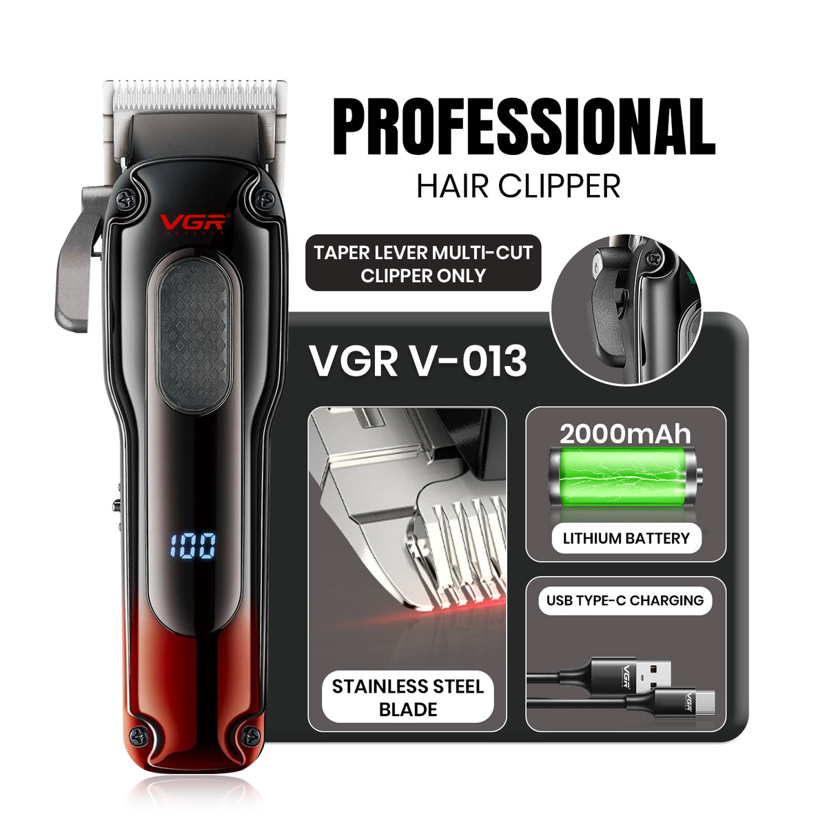 VGR V-013 Professional Clipper 200 min Runtime 12 Length Settings, Red