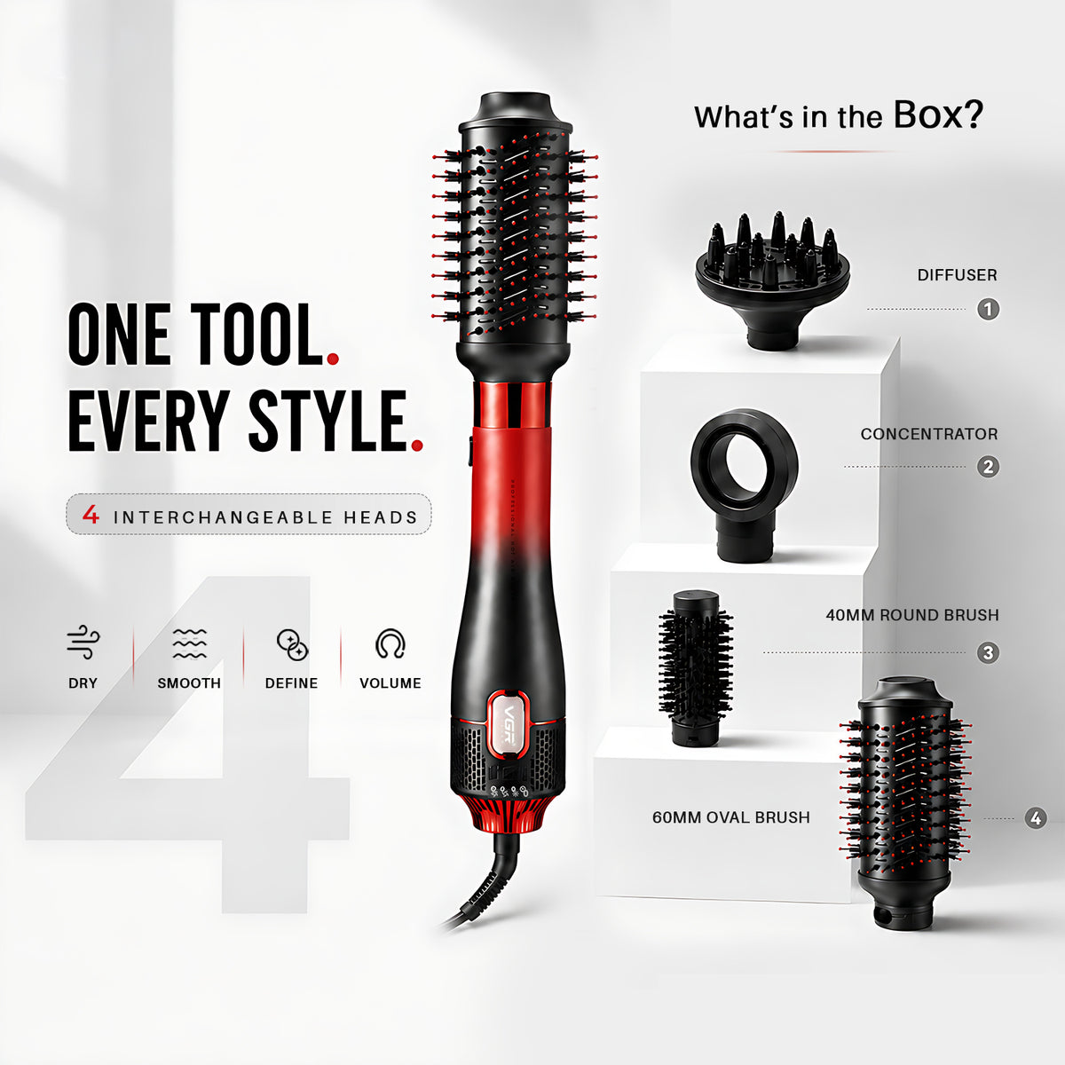 VGR Professional 4-in-1 Hot Air Brush with 20000 RPM and 1000-1100W, Red & Black (V-484)