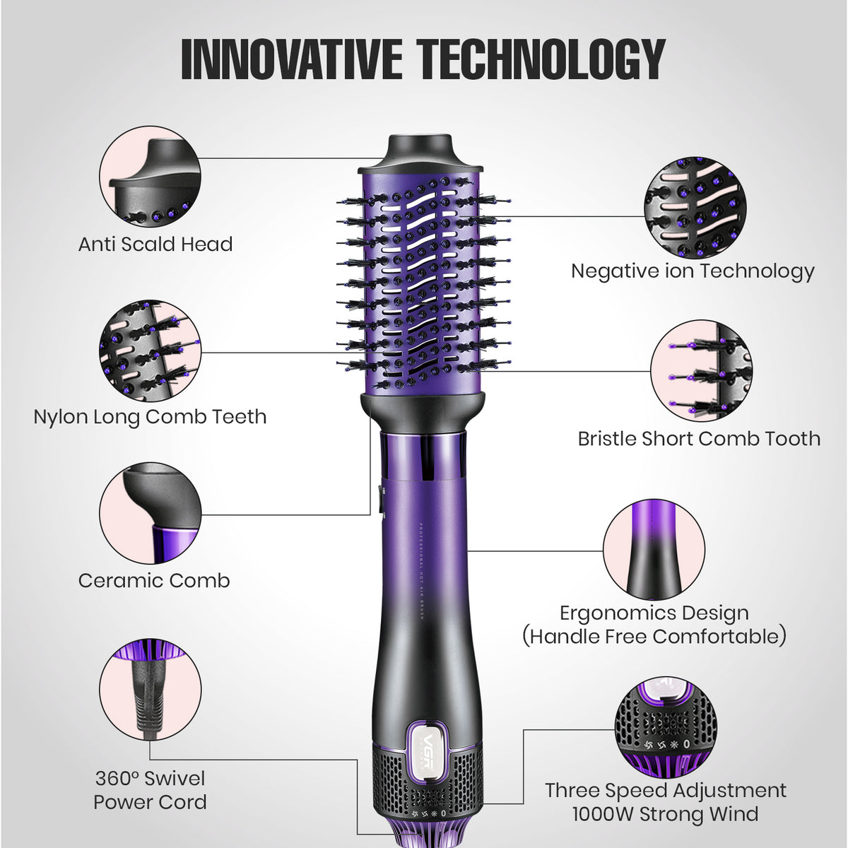 VGR V-484 Professional 4 in 1 Hot Air Brush (Purple)