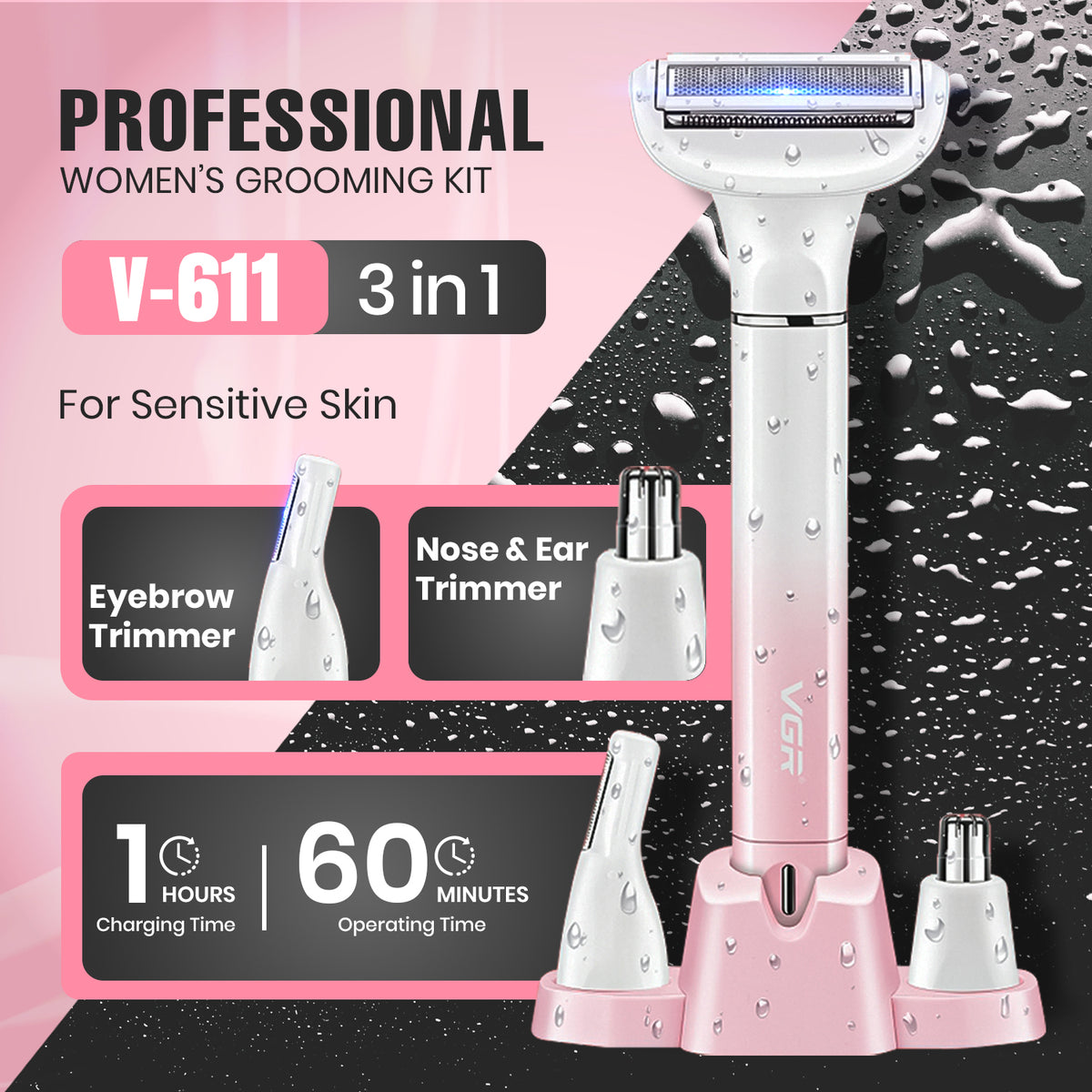 VGR V-611 Professional 3-IN-1 Lady Shaver Set, Shaver For Women (Pink)