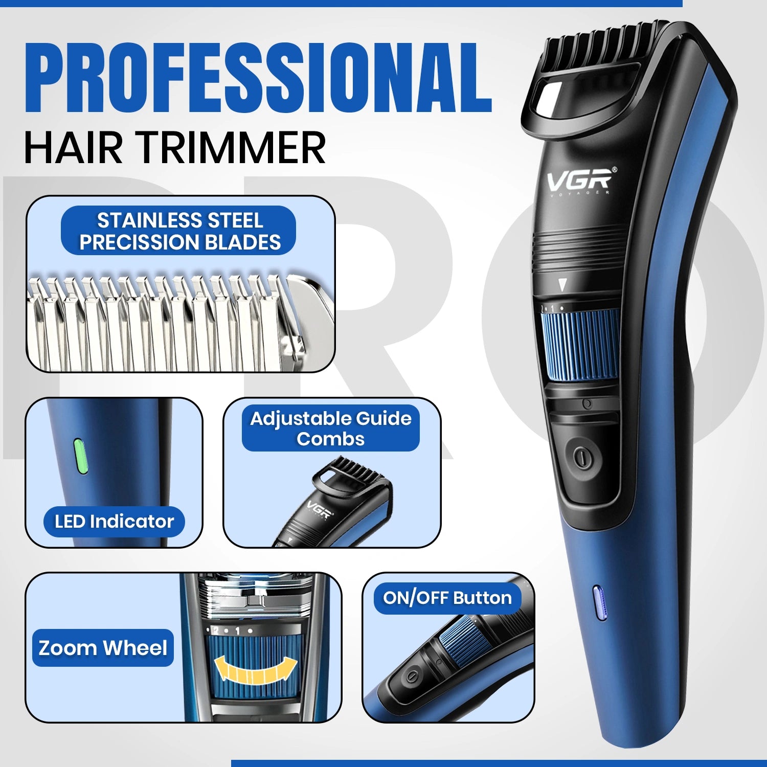 VGR V-052 Blue Hair Trimmer for Men – Professional Trimmer with Long Battery Life and Sharp Blades