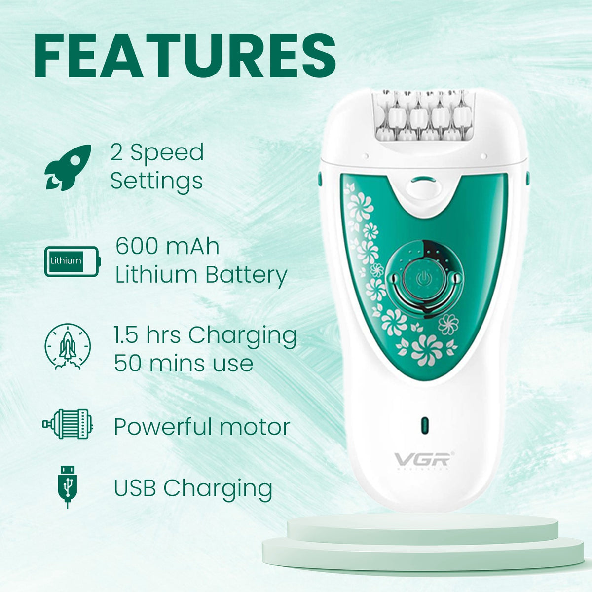 VGR V-722 Professional 2 in 1 Cordless Epilator for Women (Green)