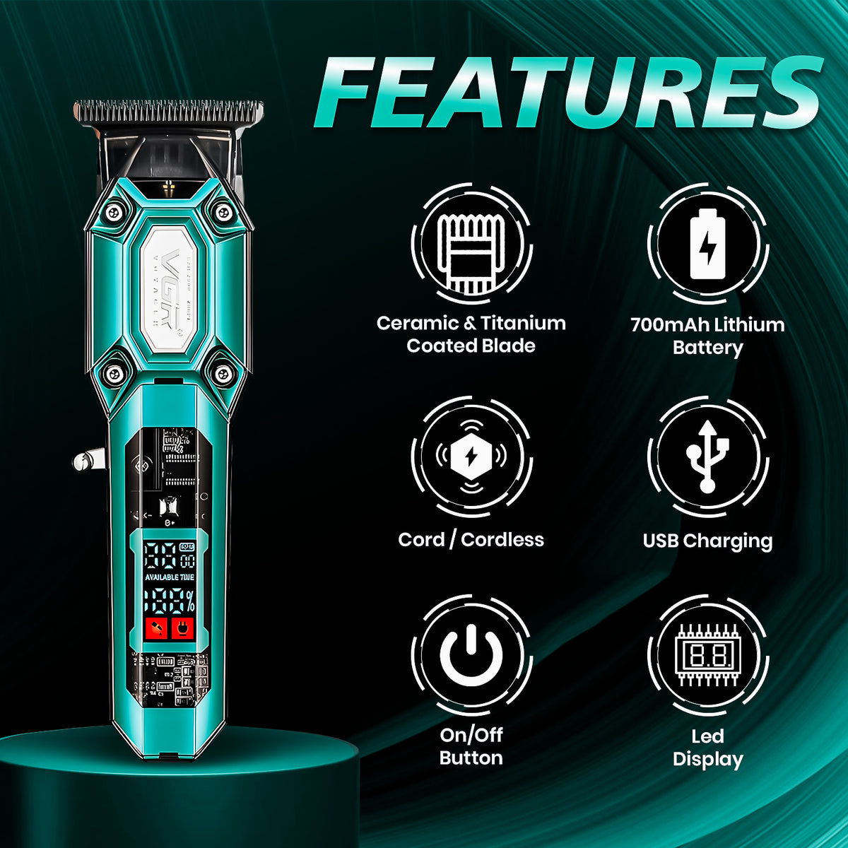 VGR V-900 Professional Hair Trimmer, 7000 RPM, 120 Min Runtime, Green