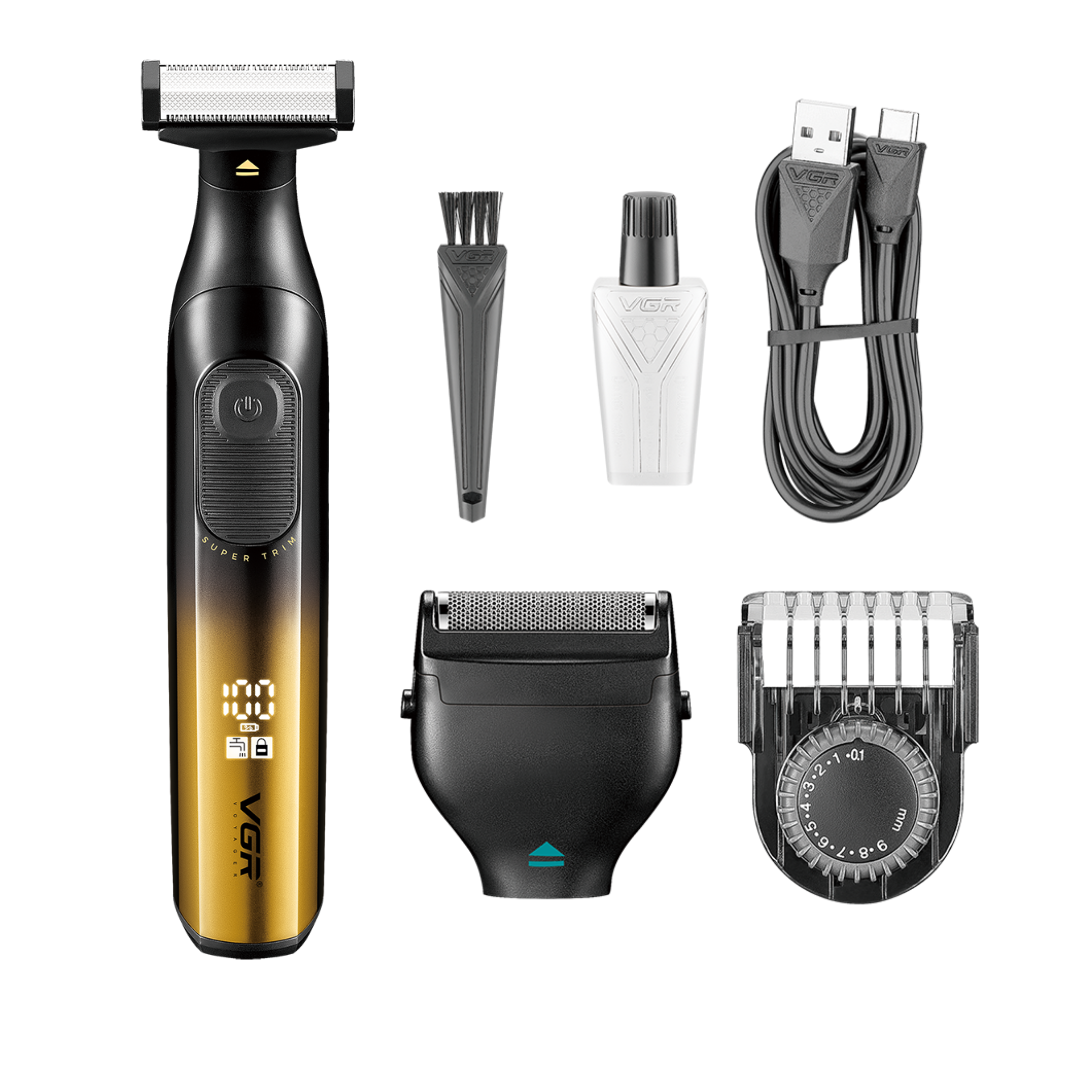 VGR V-361 Professional 2-in-1 Body Trimmer & Foil Shaver for Men, Dual-Sided Blade, IPX6 Waterproof, 60 Minutes Runtime, USB Type-C Fast Charging, Adjustable 0.1-9mm Guide Comb