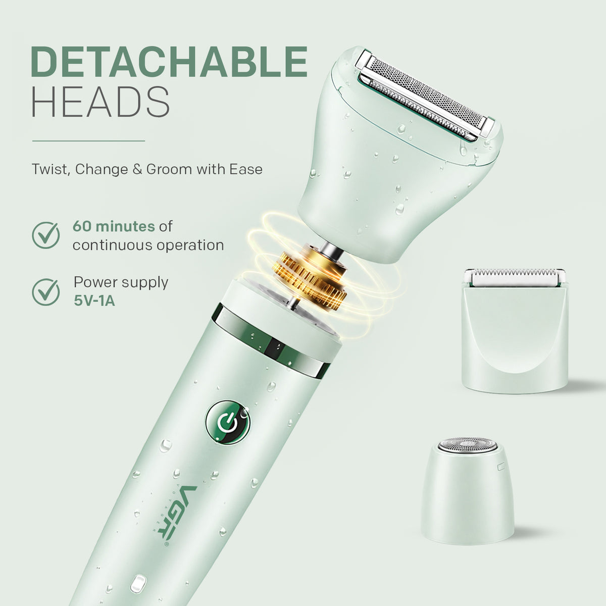 VGR V-735 Professional 3-in-1 Lady Shaver Set | Waterproof Cordless Trimmer for Women (Green/Pink)